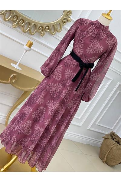Balon Kol Şifon Elbise 1135 Rose
