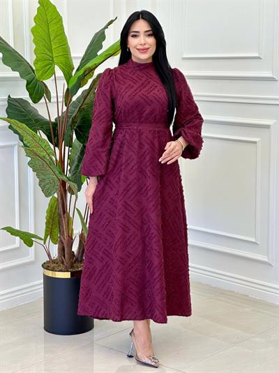 Balon Kol Sim Detay Elbise 9564 e-25 Bordo