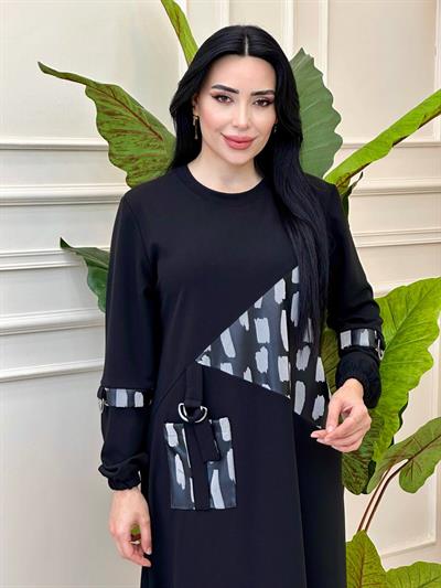 Baskı Deri Detay Elbise 2405 t-24 Siyah