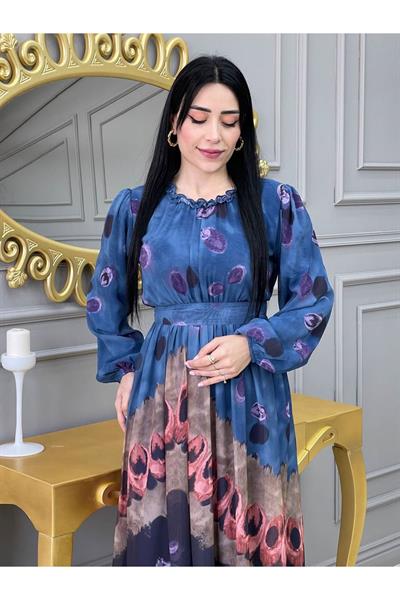 Baskı Desen Elbise 5136 İndigo Mavi
