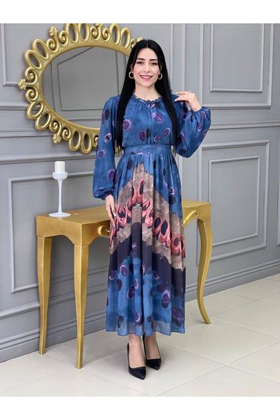 Baskı Desen Elbise 5136 İndigo Mavi