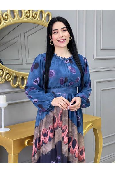 Baskı Desen Elbise 5136 İndigo Mavi
