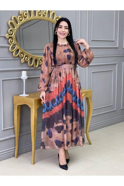 Baskı Desen Elbise 5136 Kahverengi