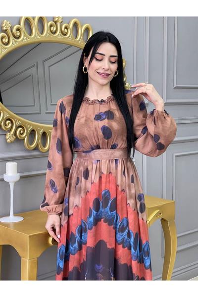 Baskı Desen Elbise 5136 Kahverengi