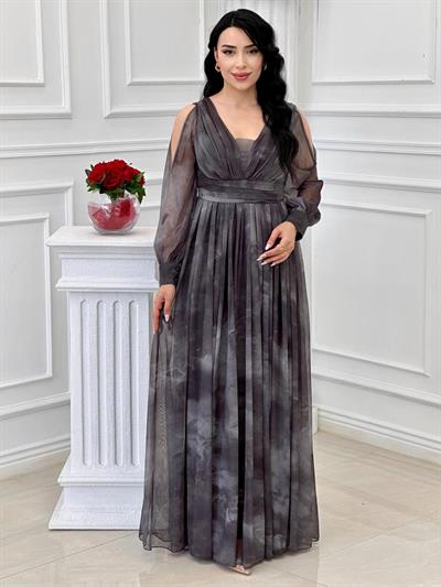 Baskılı Tül Abiye 4431 t-24 Gri