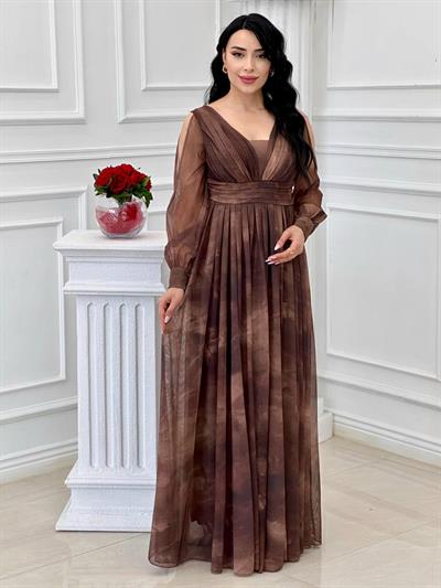 Baskılı Tül Abiye 4431 t-24 Kahverengi