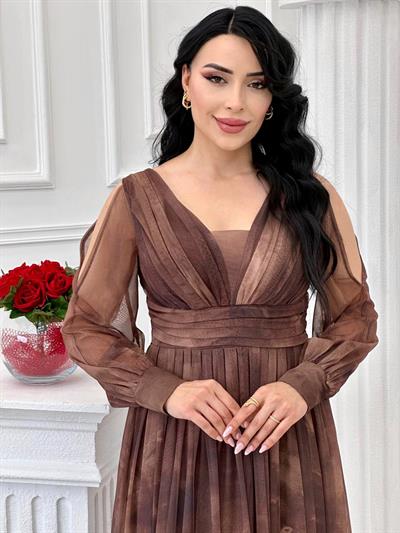 Baskılı Tül Abiye 4431 t-24 Kahverengi