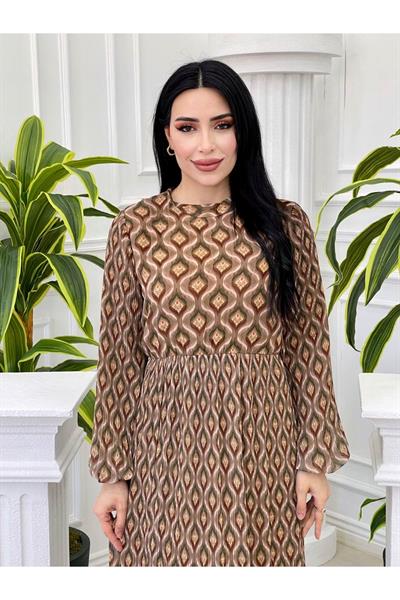 Batik Desen Elbise 1170 Kahverengi