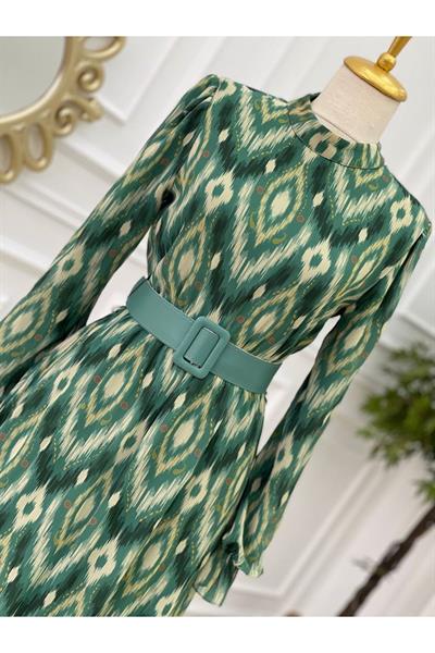 Batik Desen Kol Fır Fır Elbise 1167 Yeşil