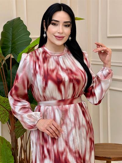 Batik Desen Pilise Saten Elbise 5936 e025 Ekru Bordo