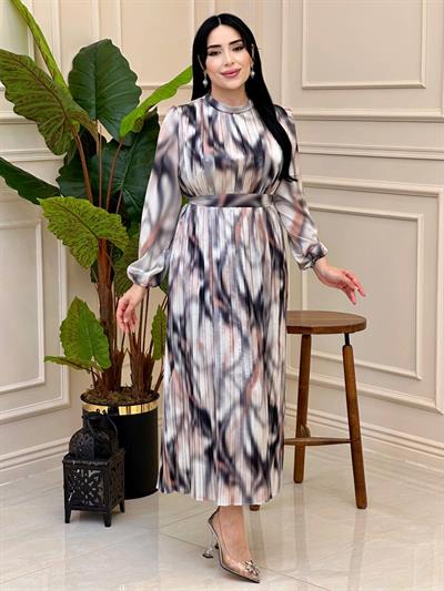 Batik Desen Pilise Saten Elbise 5936 e025 Ekru Haki