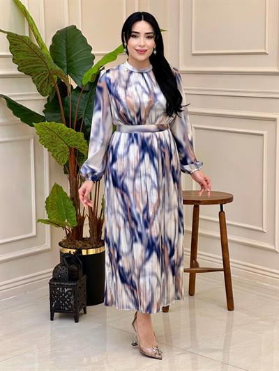 Batik Desen Pilise Saten Elbise 5936 e025 Ekru Mavi