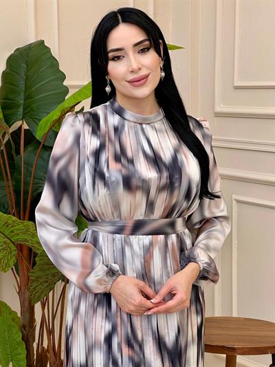 Batik Desen Pilise Saten Elbise 5936 e025 Ekru Haki