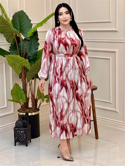 Batik Desen Pilise Saten Elbise 5936 e025 Ekru Bordo