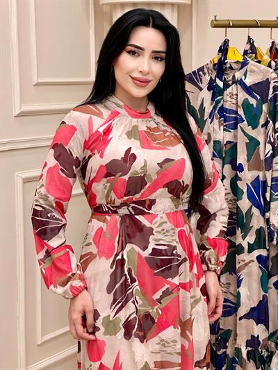 Batik Desen Şifon Elbise 9910 t24 Fuşya