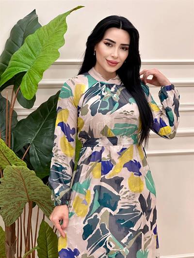 Batik Desen Şifon Elbise 9910 t24 Sarı