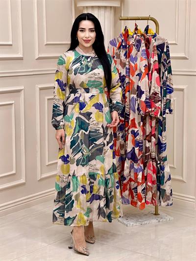 Batik Desen Şifon Elbise 9910 t24 Sarı