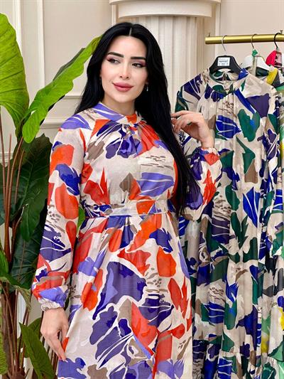Batik Desen Şifon Elbise 9910 t24 Turuncu