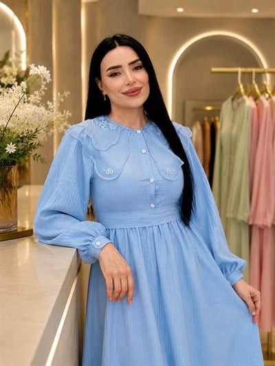 Bebe Yaka Balon Kol Elbise 265 T-26 Mavi