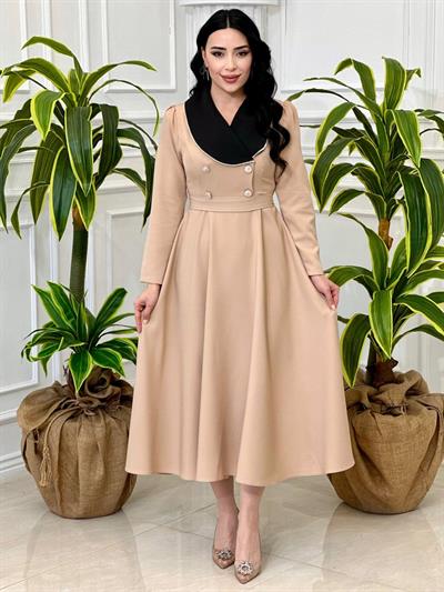 Bebe Yaka Çift Düğme Elbise 0341 T-24 Bej