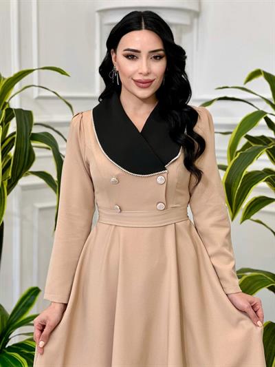 Bebe Yaka Çift Düğme Elbise 0341 T-24 Bej