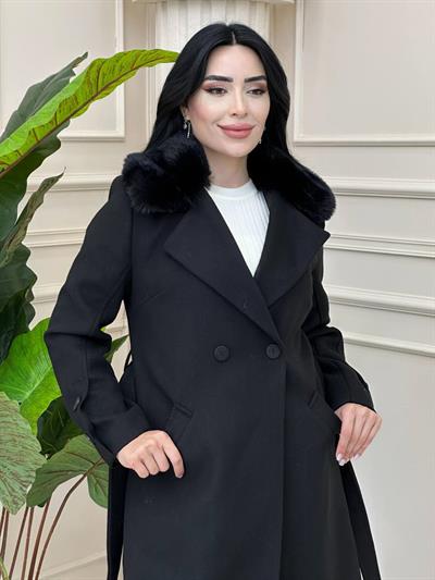 Bebe Yaka Kürk Kaşe Kaban 3158 t-24 Siyah