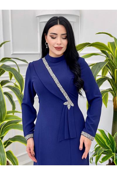 Bel 3 Pile Taşlı Elbise 2086 Saks