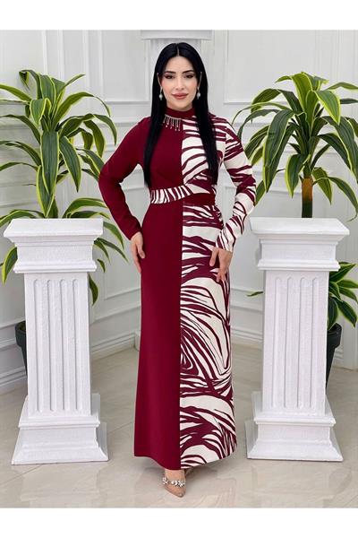 Bel Bağcık Desen Geçiş Elbise 2302 Bordo