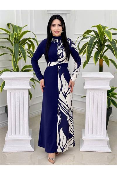 Bel Bağcık Desen Geçiş Elbise 2302 Saks
