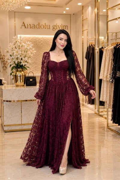 Bel Bağcık Güpür Abiye 250 T-26 Mürdüm