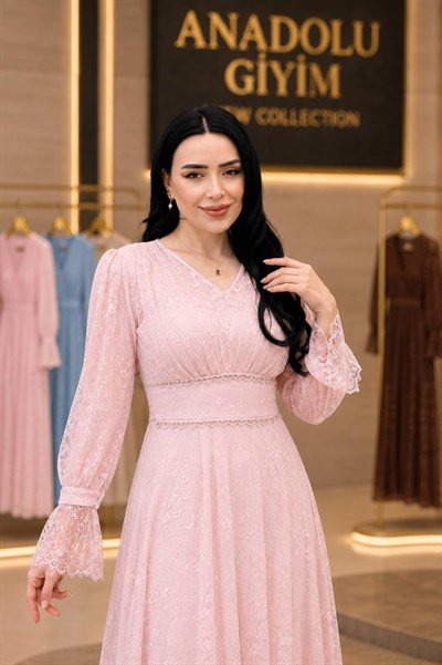 Bel Boncuk İşleme Güpür Elbise 9054 T-26 pembe