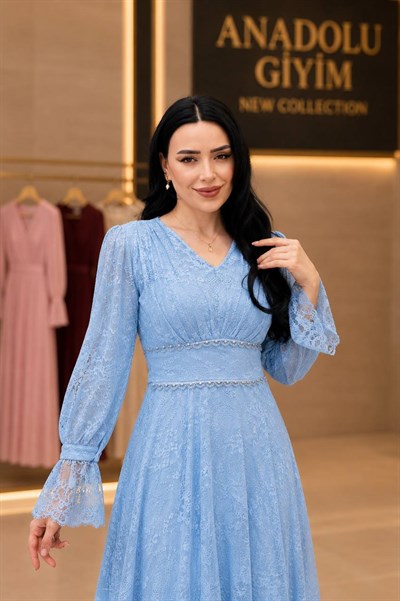 Bel Boncuk İşleme Güpür Elbise 9054 T-26 Mavi