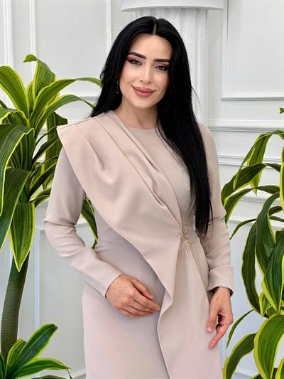 Bel Broşlu Krep Elbise 12507 t-24 Taş