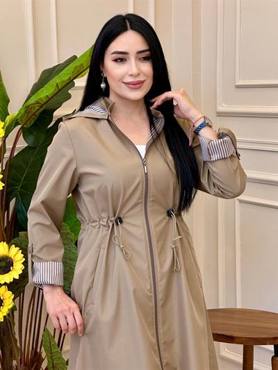 Bel Büzgü Çizgili Trençkot 02321 t025 Bej