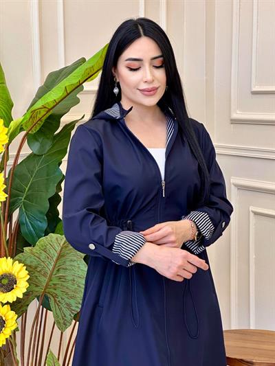 Bel Büzgü Çizgili Trençkot 02321 t025 Lacivert