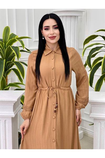 Bel Büzgülü Düğmeli Elbise 1273 Kahverengi