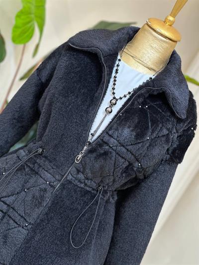 Bel Büzme Angora Kısa Kaban 2546 T-25 Siyah