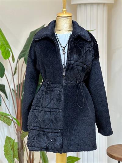 Bel Büzme Angora Kısa Kaban 2546 T-25 Siyah