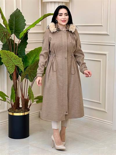 Bel Büzme Büyük Beden Kaşe Kaban 8220 T-24 Camel