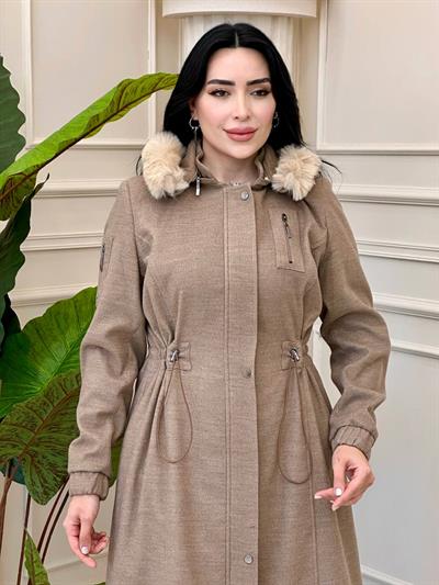 Bel Büzme Büyük Beden Kaşe Kaban 8220 T-24 Camel