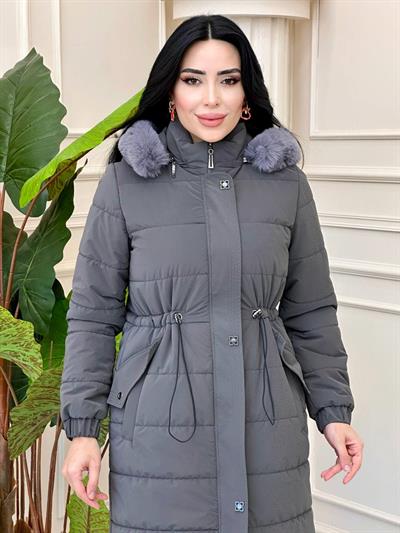Bel Büzme Desenli Şişme Kaban 8194 t-24 Gri