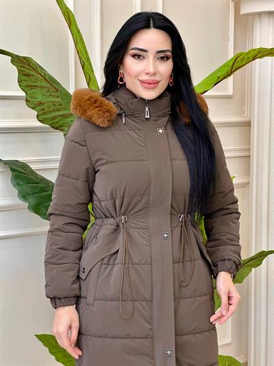 Bel Büzme Desenli Şişme Kaban 8194 t-24 Kahverengi