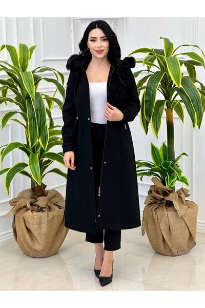 Bel Büzmeli Kaşe Kaban 8156 Siyah
