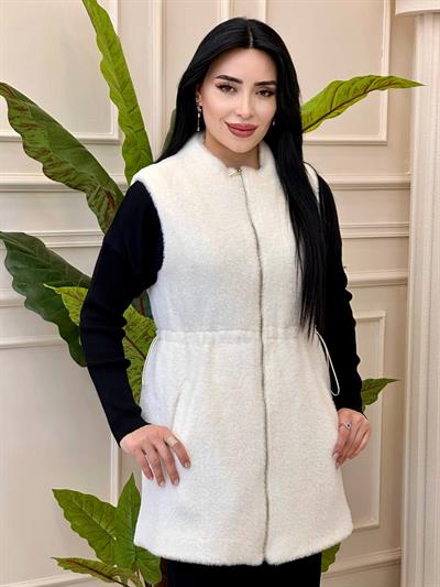Bel Büzmeli Pelüş Yelek 30956 t-24 Ekru