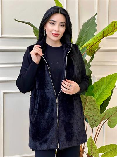 Bel Büzmeli Pelüş Yelek 30956 t-24 Siyah