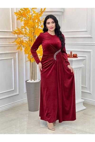 Bel Detay Kadife Elbise 4402 Bordo