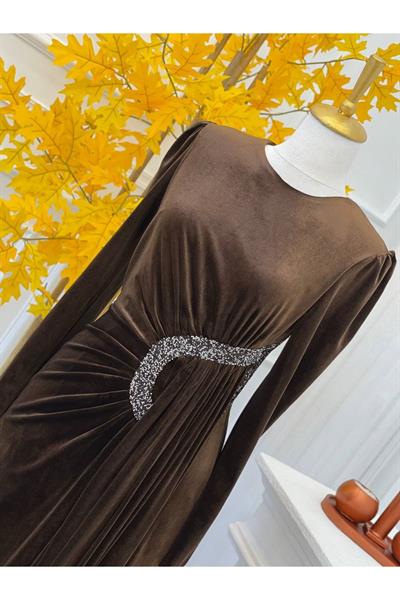 Bel Detay Kadife Elbise 4402 Kahverengi