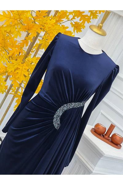 Bel Detay Kadife Elbise 4402 Lacivert