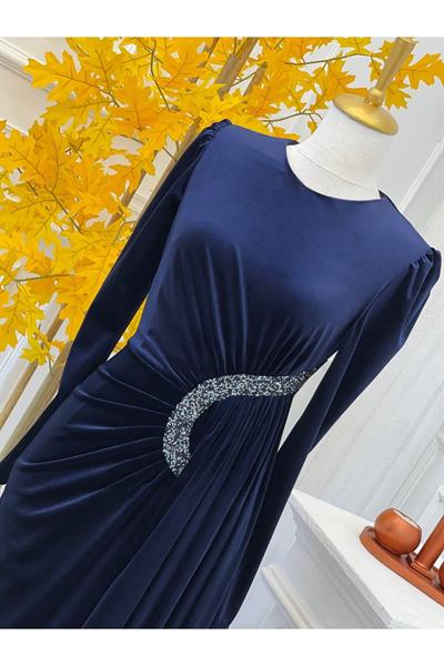 Bel Detay Kadife Elbise 4402 Lacivert
