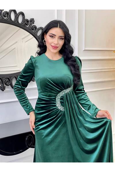 Bel Detay Kadife Elbise 4402 Zümrüt Yeşil